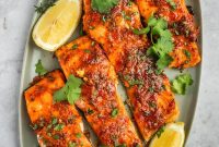 Honey Harissa Salmon with Garlic, Thyme & Lemon Roast