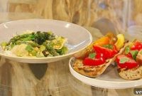 Wild Garlic Ravioli with Sage Butter, Spring Vegetables & Bruschetta