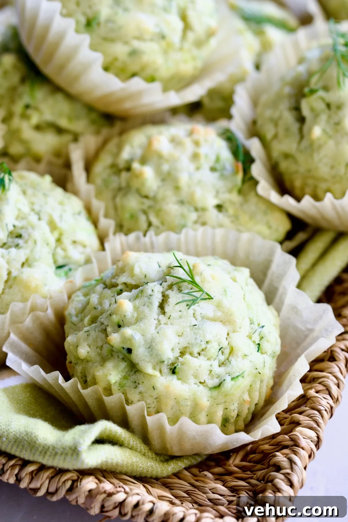 Zucchini Ricotta Dill Muffins: Savory Summer Snack 14 Pile of Dill Zucchini and Ricotta Muffins on square rattan basket.