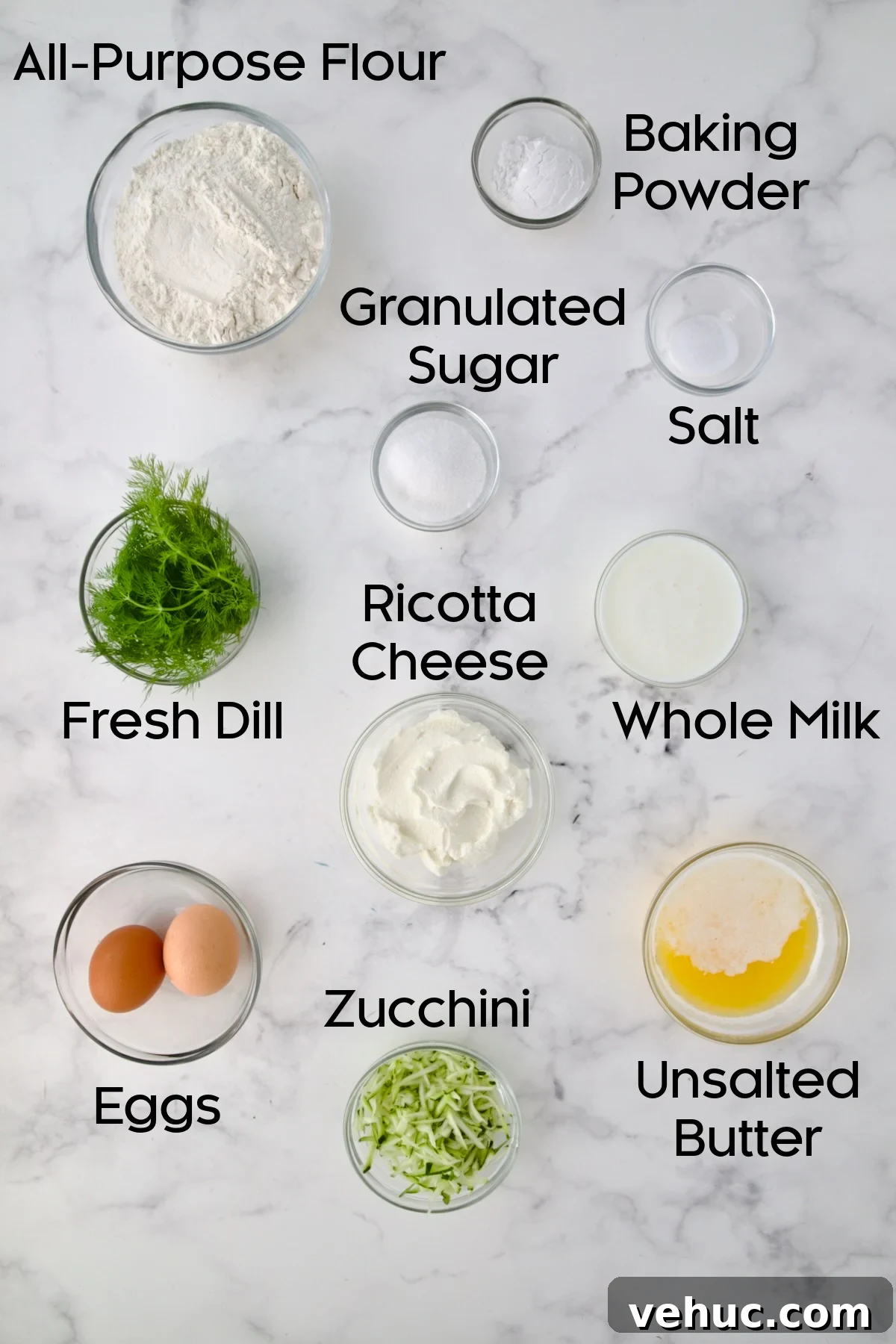 Zucchini Ricotta Dill Muffins: Savory Summer Snack 6 Ingredients for Dill Zucchini and Ricotta Muffins in glass bowls.