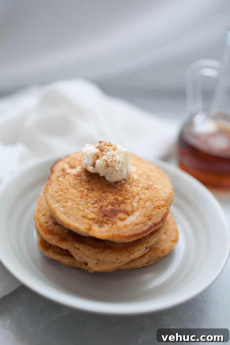 Sweet Potato Pancakes with Maple Whipped Butter 3 Stack of sweet potato pancakes
