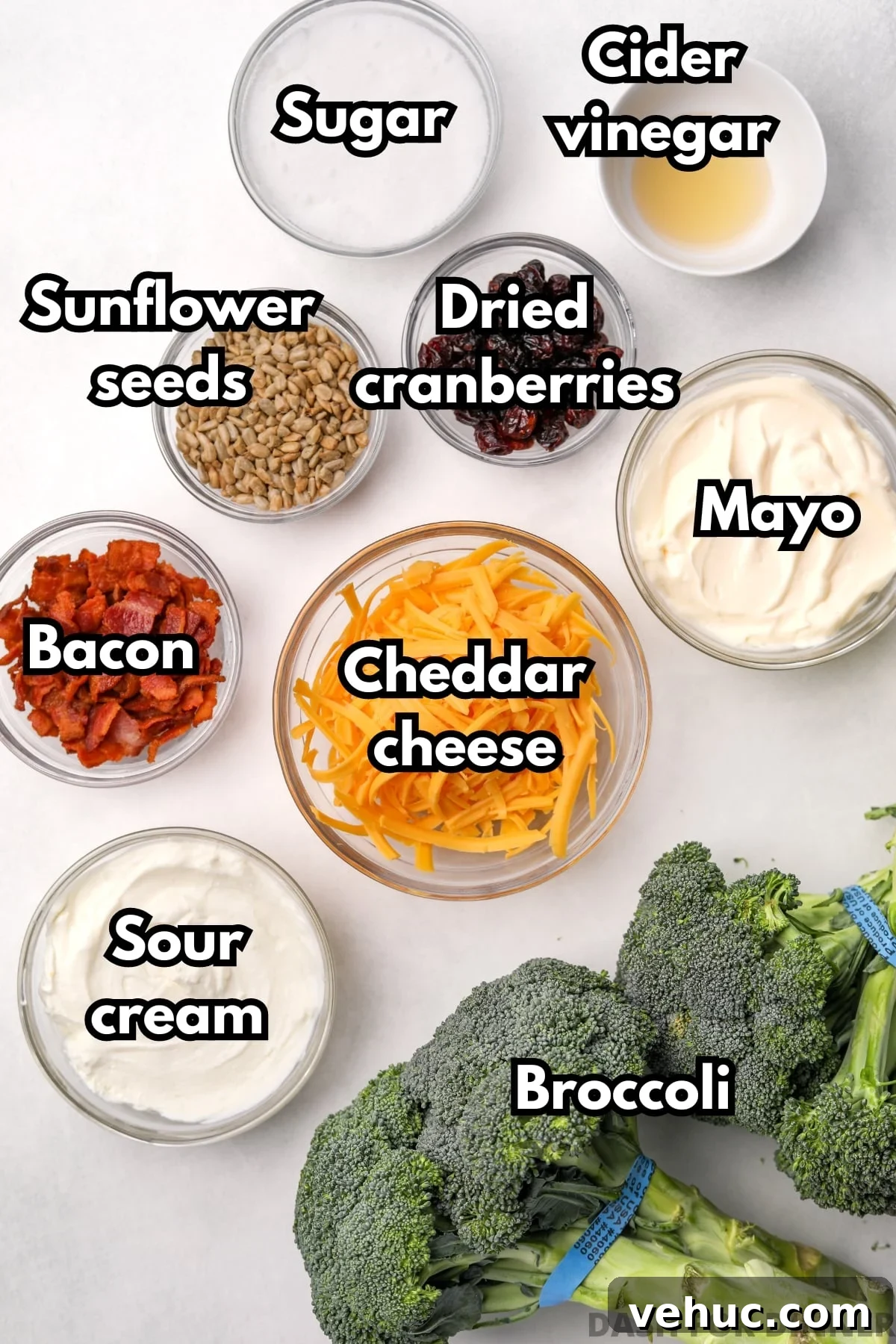 Crispy Broccoli Salad with Creamy Parmesan Dressing 3 The ingredients needed to make broccoli salad, including cheddar cheese, bacon, sour cream, and mayo.