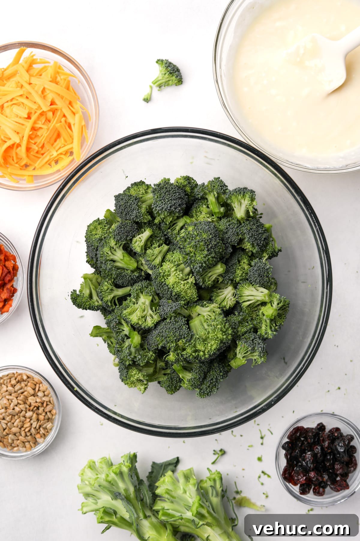 Crispy Broccoli Salad with Creamy Parmesan Dressing 6 A large bowl of broccoli florets.