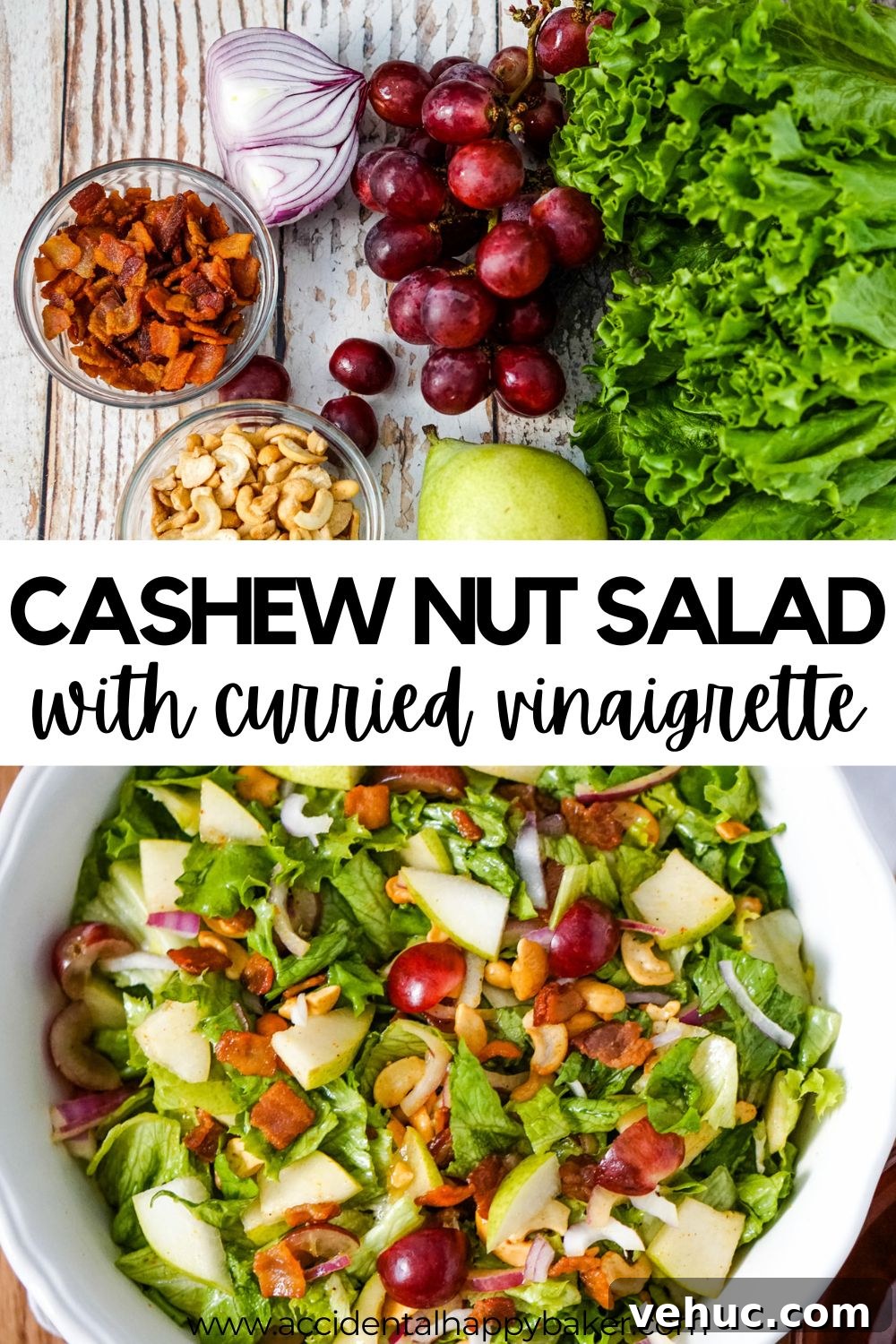 Crispy Cashew Salad with Lime Dressing: Refreshing Crunch Bowl 8 This isn't your typical side salad. Cashew Nut Salad combines cashews, bacon, pears and grapes with mixed greens and a snappy curried vinaigrette for an easy salad recipe that will liven up any meal!