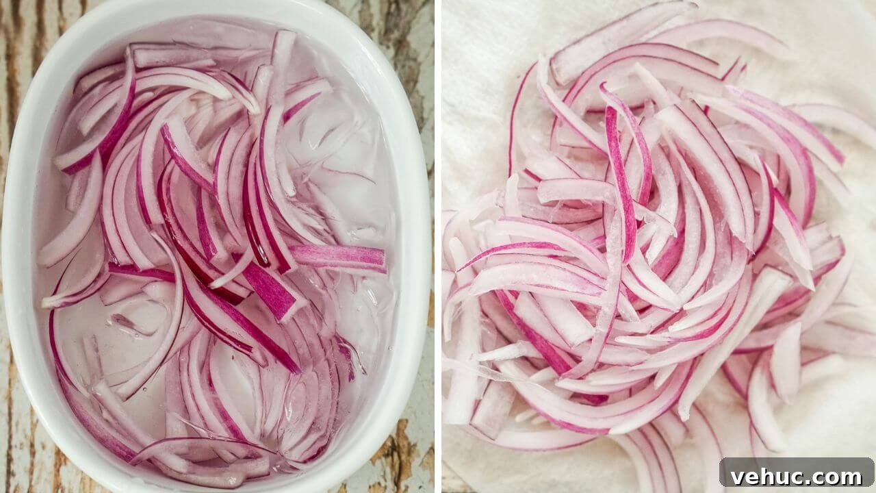 Crispy Cashew Salad with Lime Dressing: Refreshing Crunch Bowl 6 The red onion is soaked in an ice bath and then dried on a paper towel.