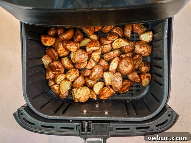 air fryer with cooked potatoes