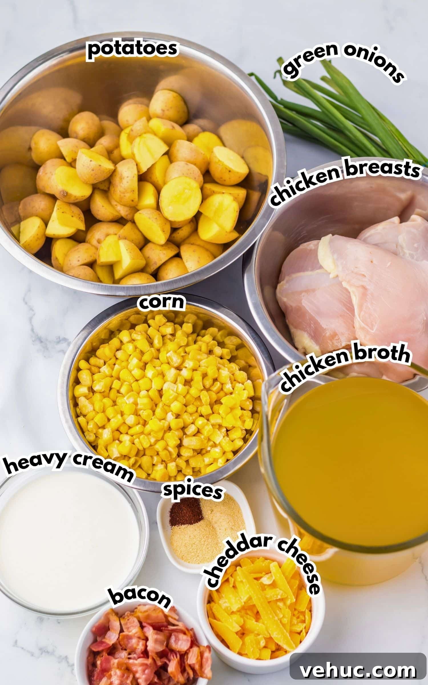 Slow Cooker Creamy Chicken and Corn Chowder Recipe 4 Bowls of ingredients ready to cook.