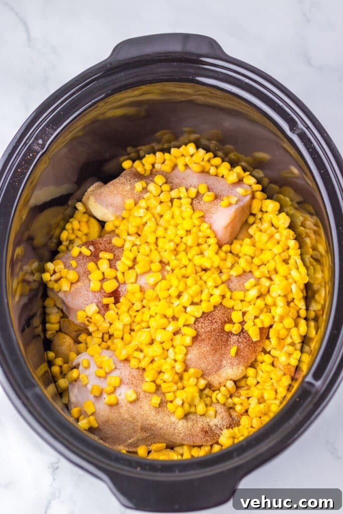 Slow Cooker Creamy Chicken and Corn Chowder Recipe 5 Corn and chicken breasts in a crockpot.