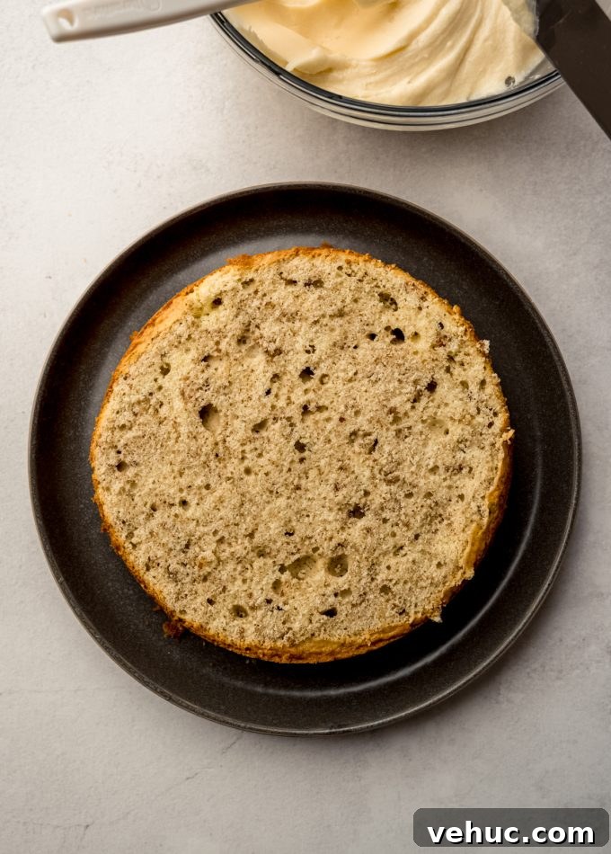 Decadent Butter Pecan Layer Cake Recipe 12 A layer of butter pecan cake on a plate.