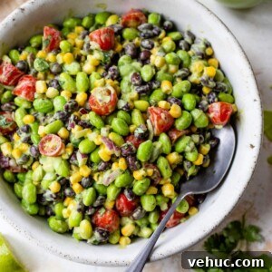 Citrus Edamame Salad with Avocado and Sesame Dressing 7 a bowl of edamame salad with a spoon