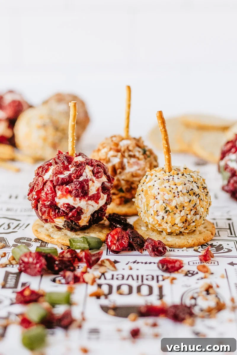Christmas Brunch Finger Foods to Impress Guests 3 Mini cheeseball bites set on a cracker. The perfect Christmas appetizer for a crowd.