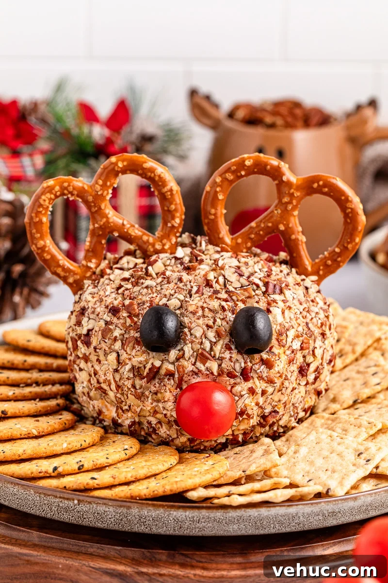 Christmas Brunch Finger Foods to Impress Guests 4 Reindeer cheeseball on a plate with crackers.