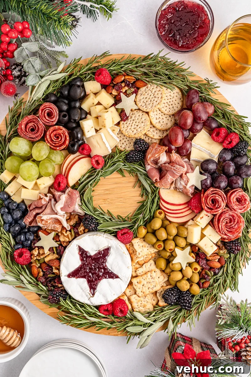 Christmas Brunch Finger Foods to Impress Guests 6 Christmas wreath charcuterie board overhead image.