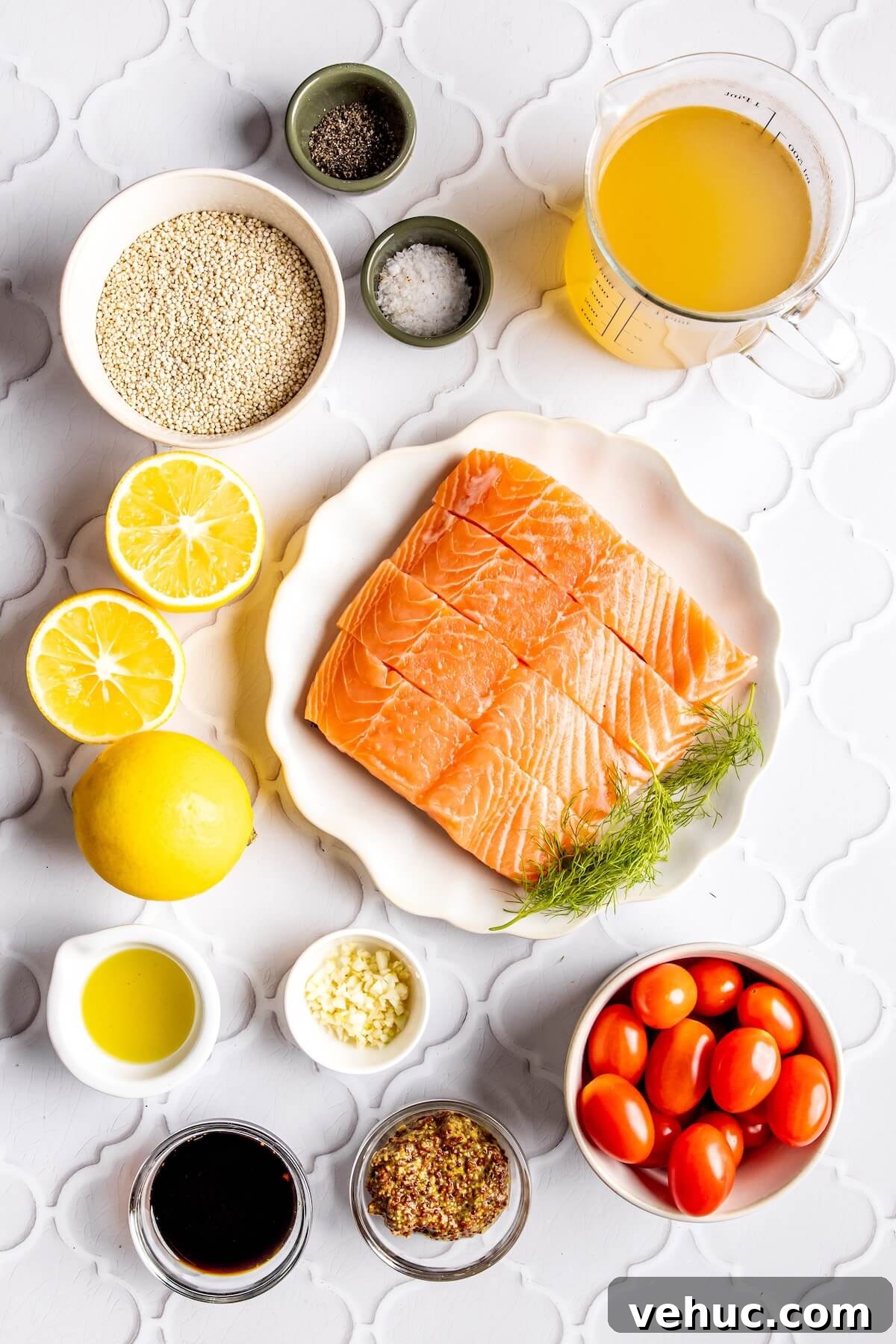 Mustard-Glazed Salmon with Lemon Quinoa and Cherry Tomatoes 6 Ingredients for Mustard Salmon and Lemony Quinoa - Olivia Adriance