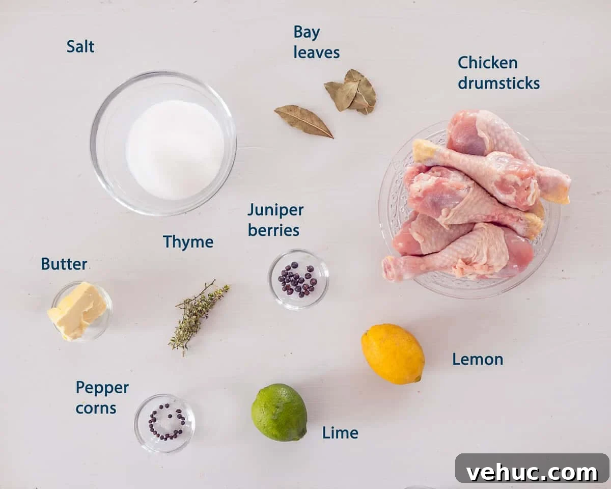 Citrus-Brined Chicken Drumsticks with Gin Marinade 3 Ingredients Brined Chicken Drumsticks on a white background with text description