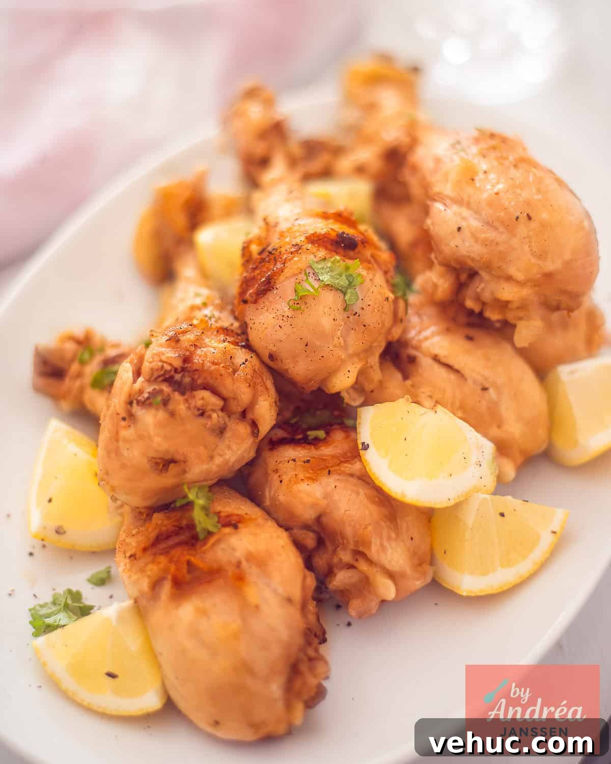 Citrus-Brined Chicken Drumsticks with Gin Marinade 8 A white plate with drumsticks pickled in gin with lemon slices around them.