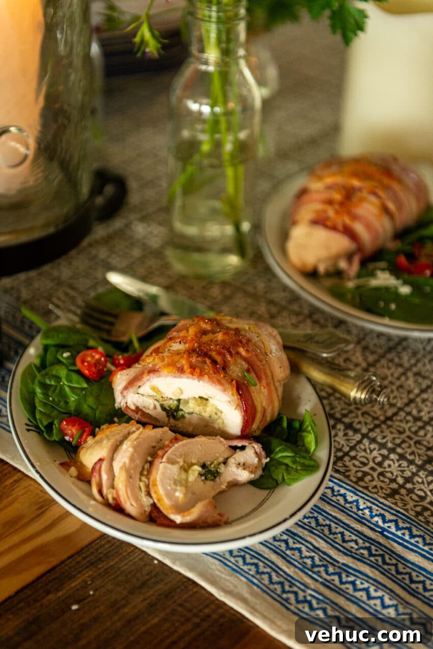 spinach and artichoke stuffed chicken wrapped in bacon, slice on a single dish with salad greens and utensils. 