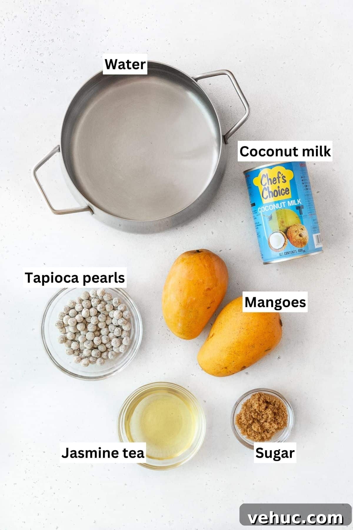 Mango Bubble Tea: Refreshing Homemade Boba Recipe 3 All of the ingredients for mango boba tea on the counter.