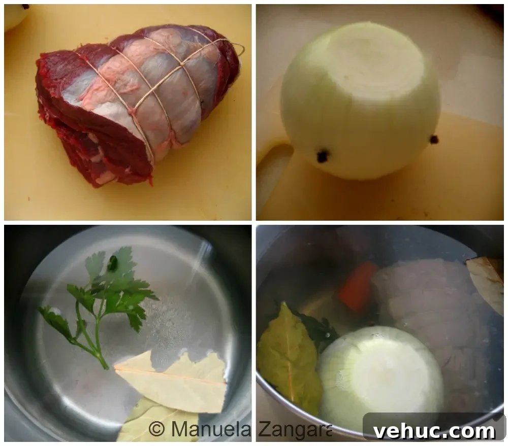 Classic Italian Bollito Beef Recipe: Tender Braised Beef with Vegetables 2 Collage showing tied beef, clove-studded onion, herbs in water, and the simmering pot at the start of cooking.