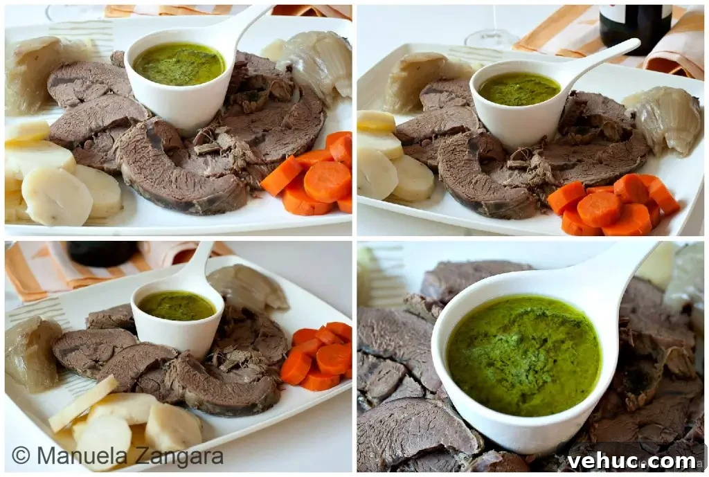 Beef Bollito Collage of sliced beef, vegetables, and Salsa Verde arranged on a serving platter.