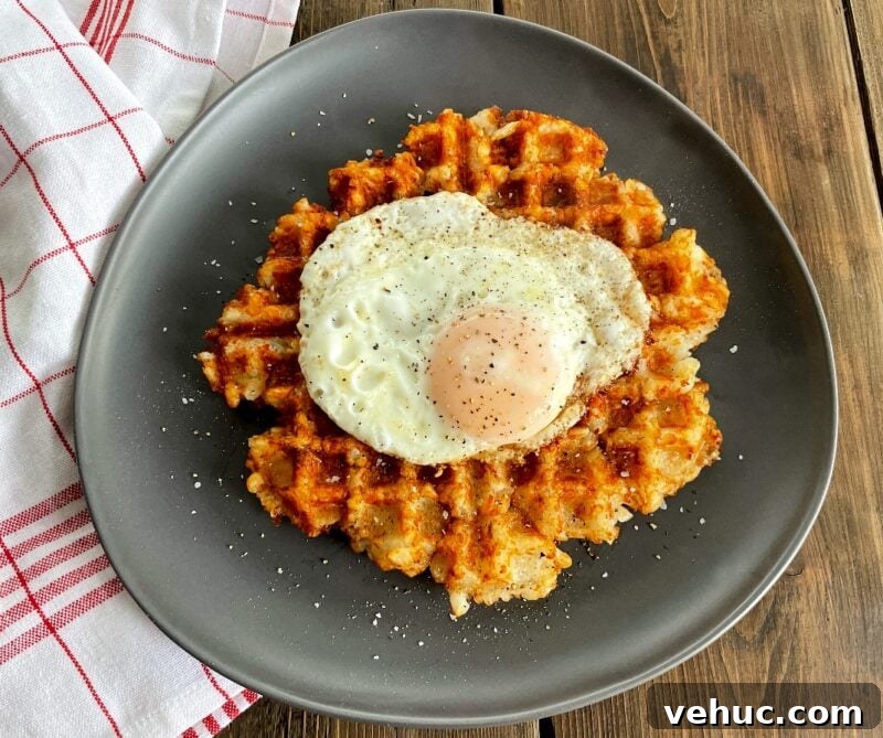 Crispy Tater Tots Made in a Waffle Iron: Quick Stove-Free Recipe 3 tater tot waffle with an egg on top