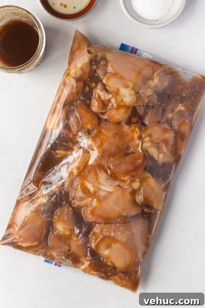 A top down shot of raw skinless boneless chicken thighs marinating in a large ziploc bag.