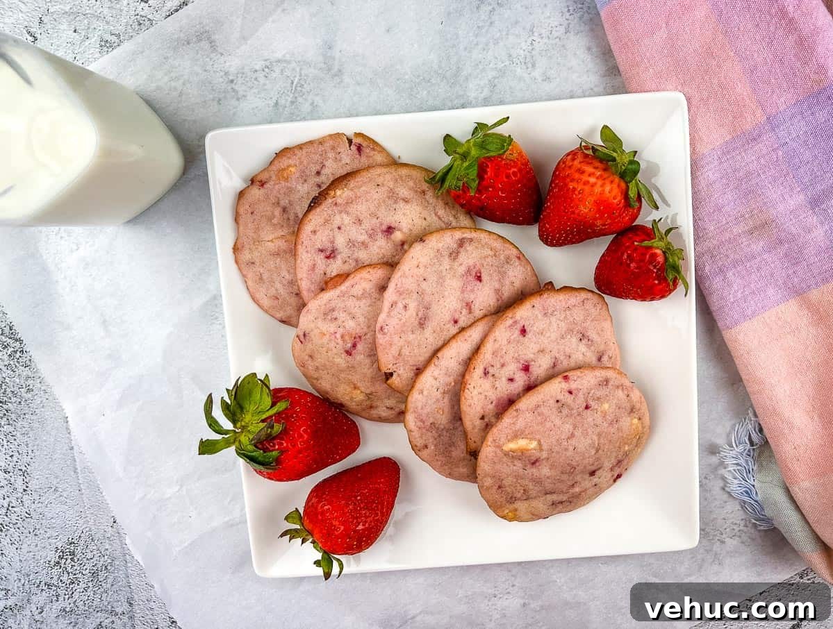 11 Strawberry Recipes That Highlight Their Sweet-Tart Flavor 10 Strawberry Shortcake Cookies on a white plate with strawberries nearby.