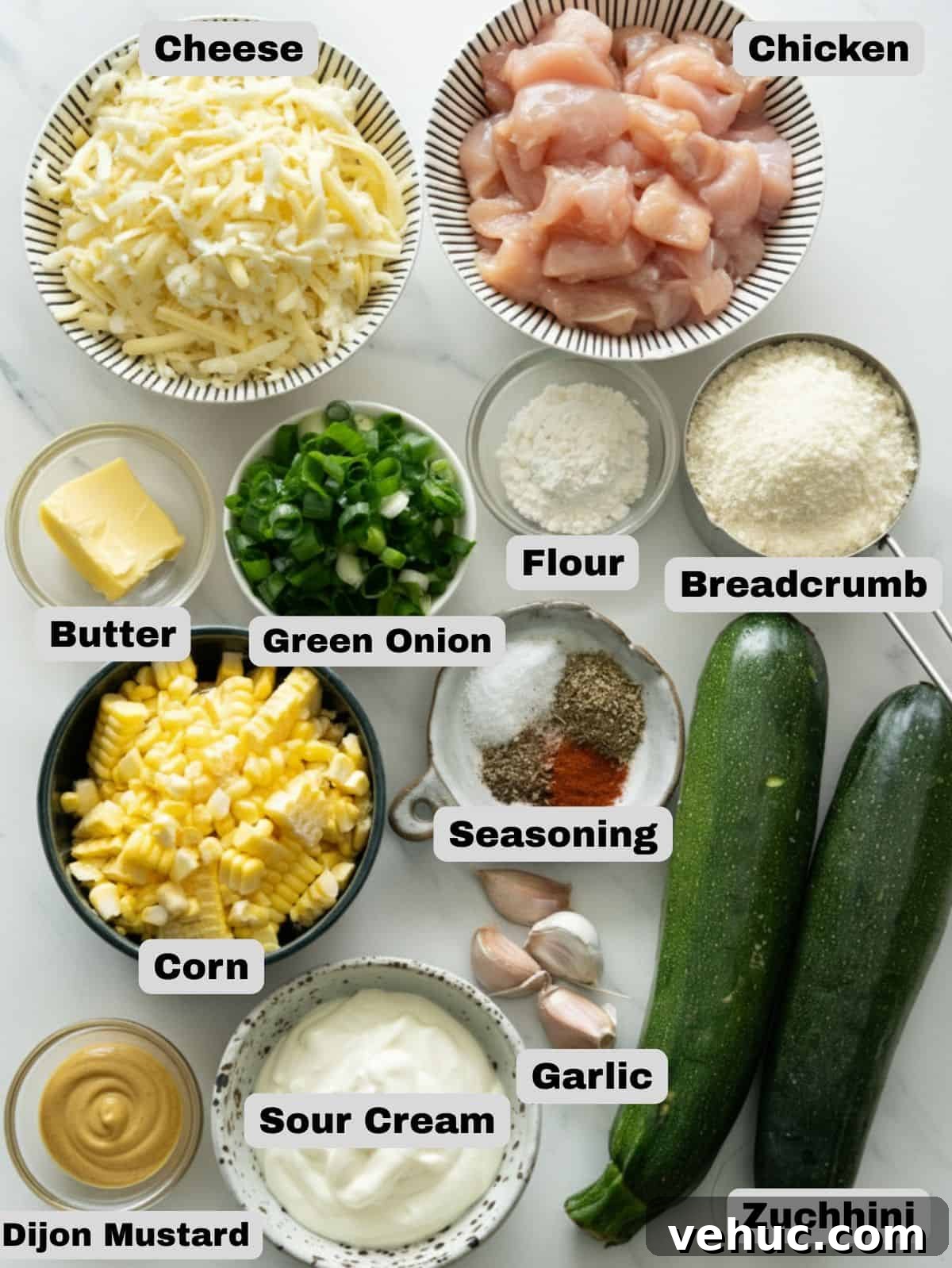 Creamy Chicken and Zucchini Casserole for Weeknight Dinner 4 Ingredients you need for making chicken zucchini casserole.