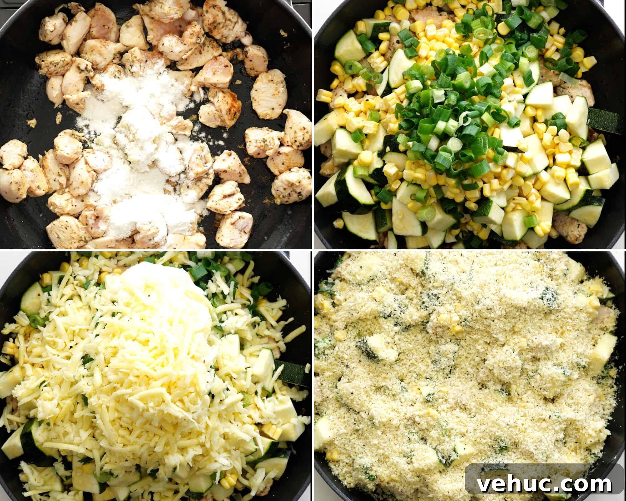 Creamy Chicken and Zucchini Casserole for Weeknight Dinner 5 steps to make chicken zucchini casserole. Saute chciken, add veggies, sour cream and cheese. Top it with breadcrumb mixture and bake.