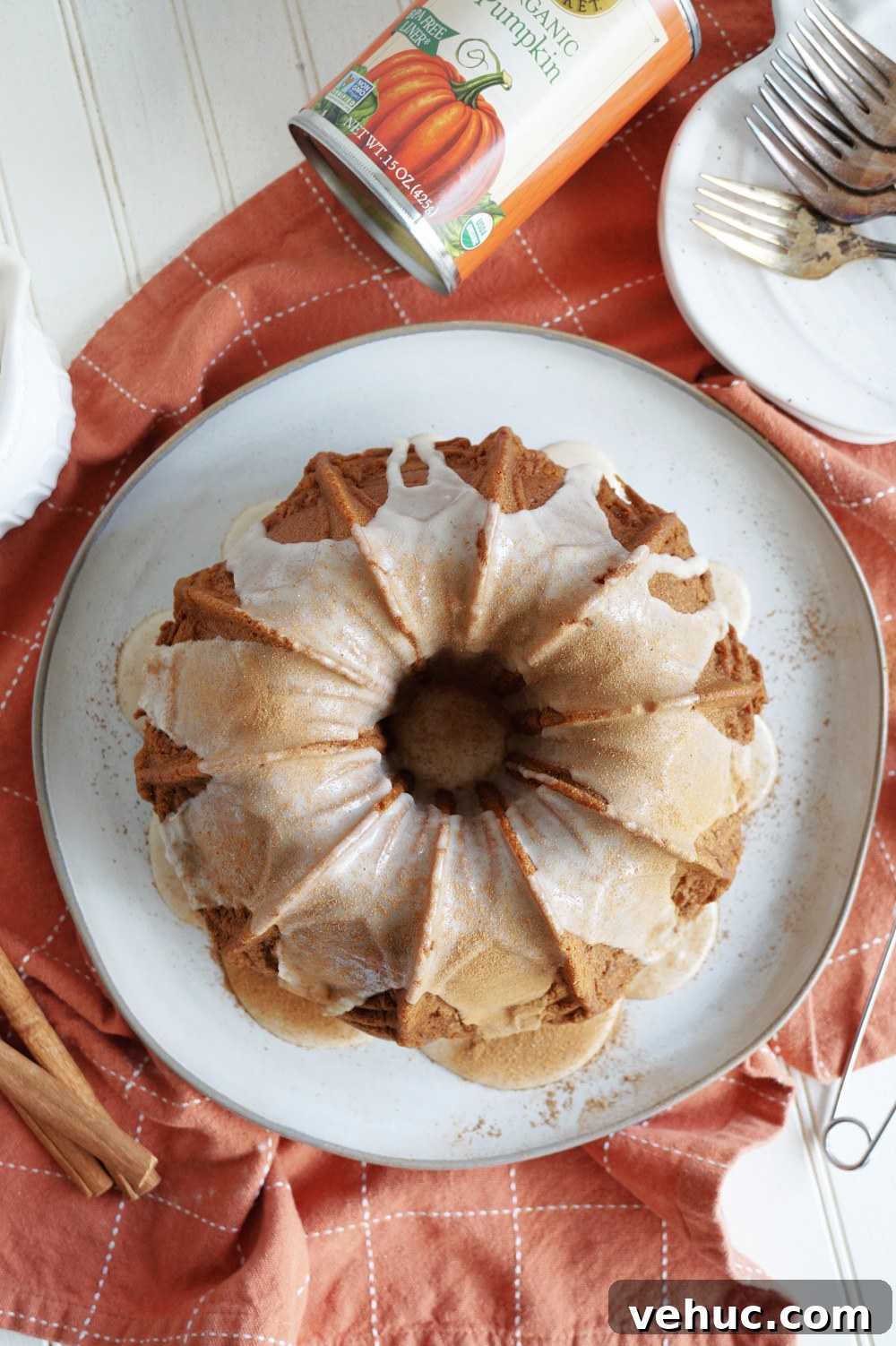 Vegan Pumpkin Spice Bundt Cake Recipe for Fall Gatherings 5 overhead shot of bundt cake on plate