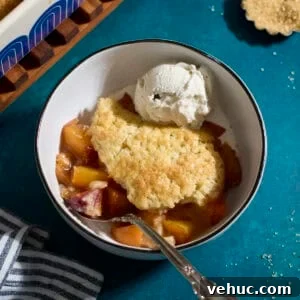 Sourdough Peach Cobbler Recipe: Rustic Peach Cobbler with Tangy Crust 15 Sourdough Peach Cobbler in a bowl with a scoop of vanilla ice cream.