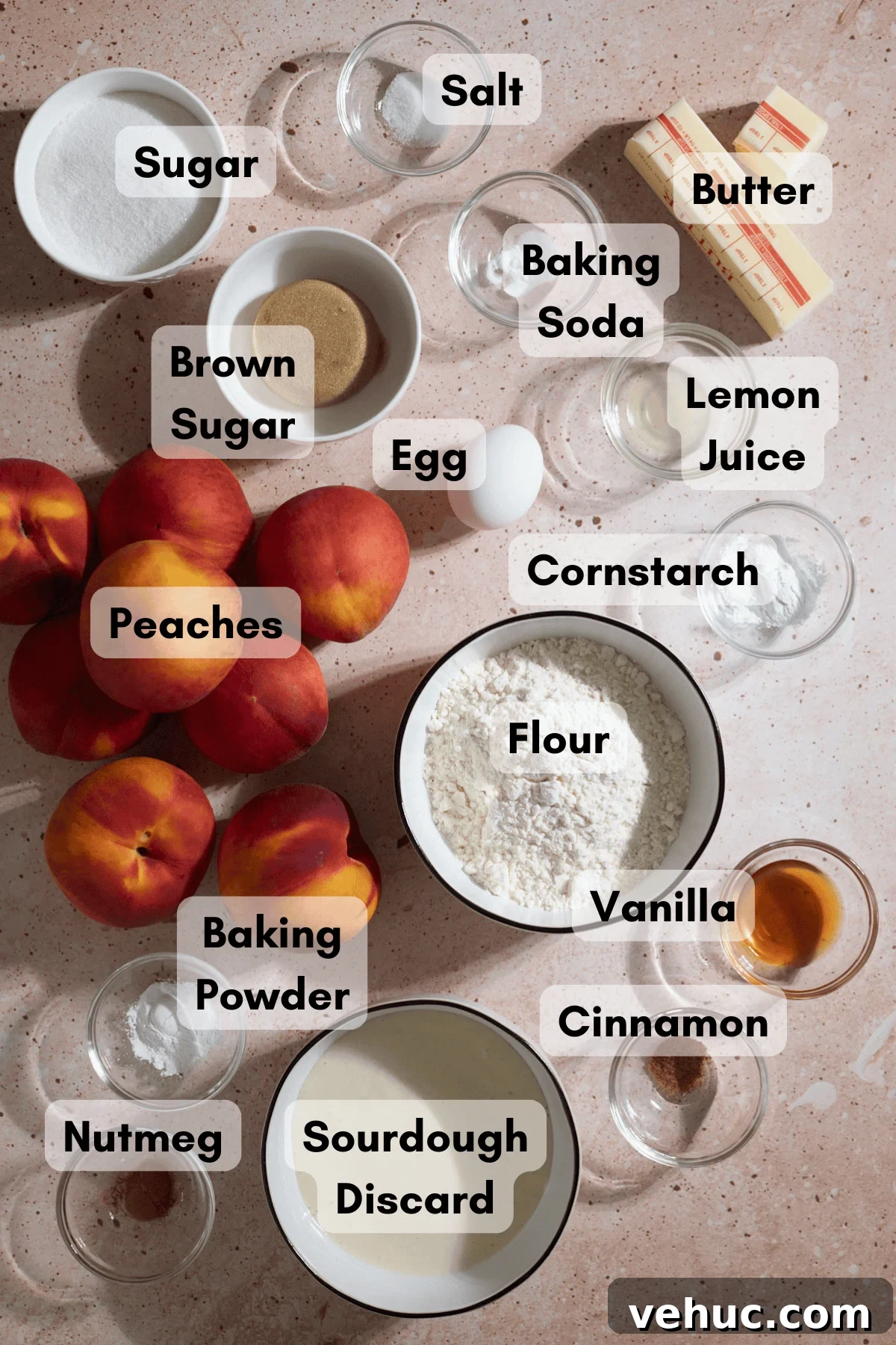 Sourdough Peach Cobbler Recipe: Rustic Peach Cobbler with Tangy Crust 3 Ingredients for Sourdough Peach Cobbler in small bowls.