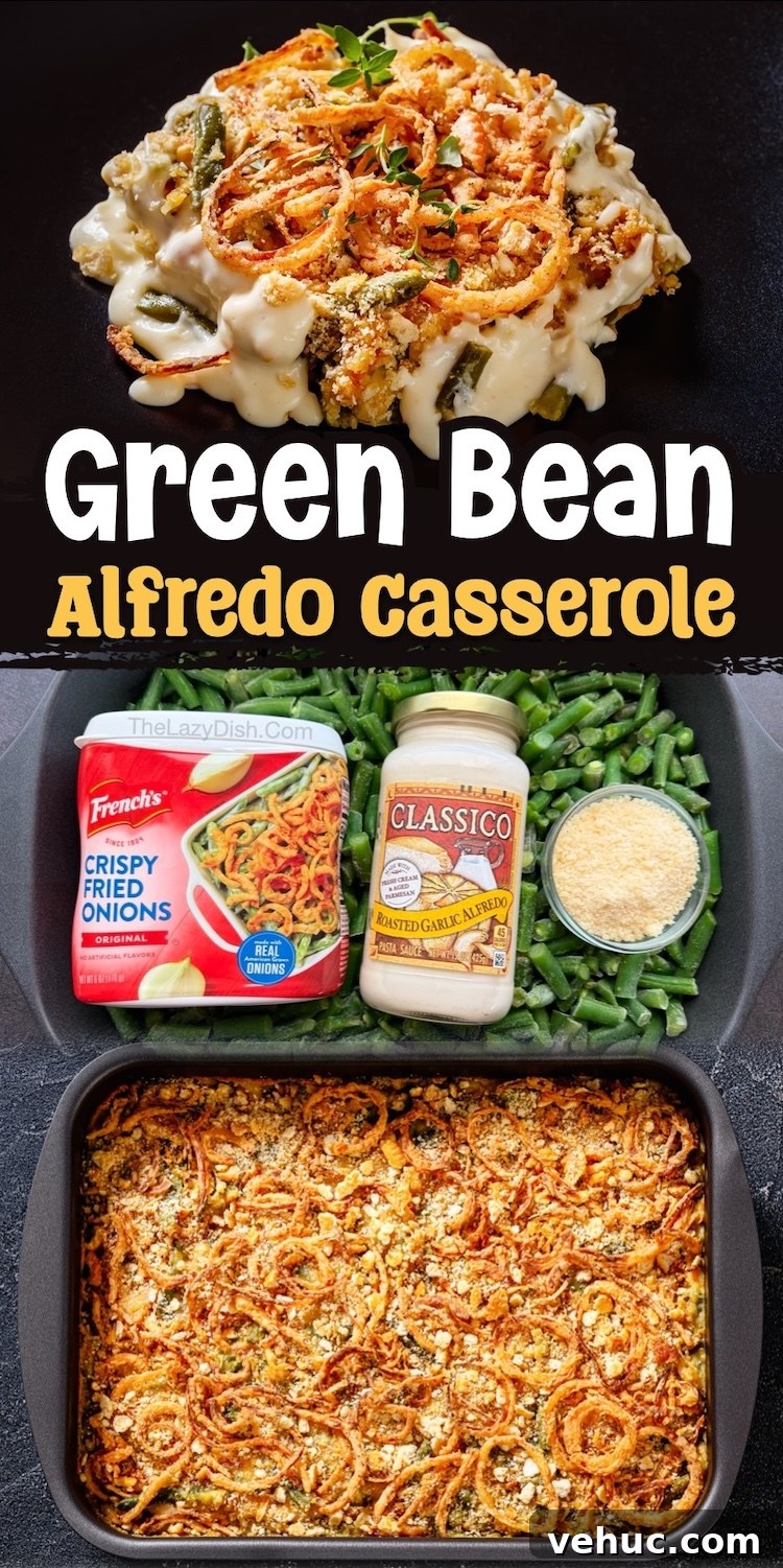 Creamy Green Bean Alfredo Casserole Recipe 9 Easy green bean casserole made without mushroom soup, using Alfredo sauce, Parmesan, and crispy onions.