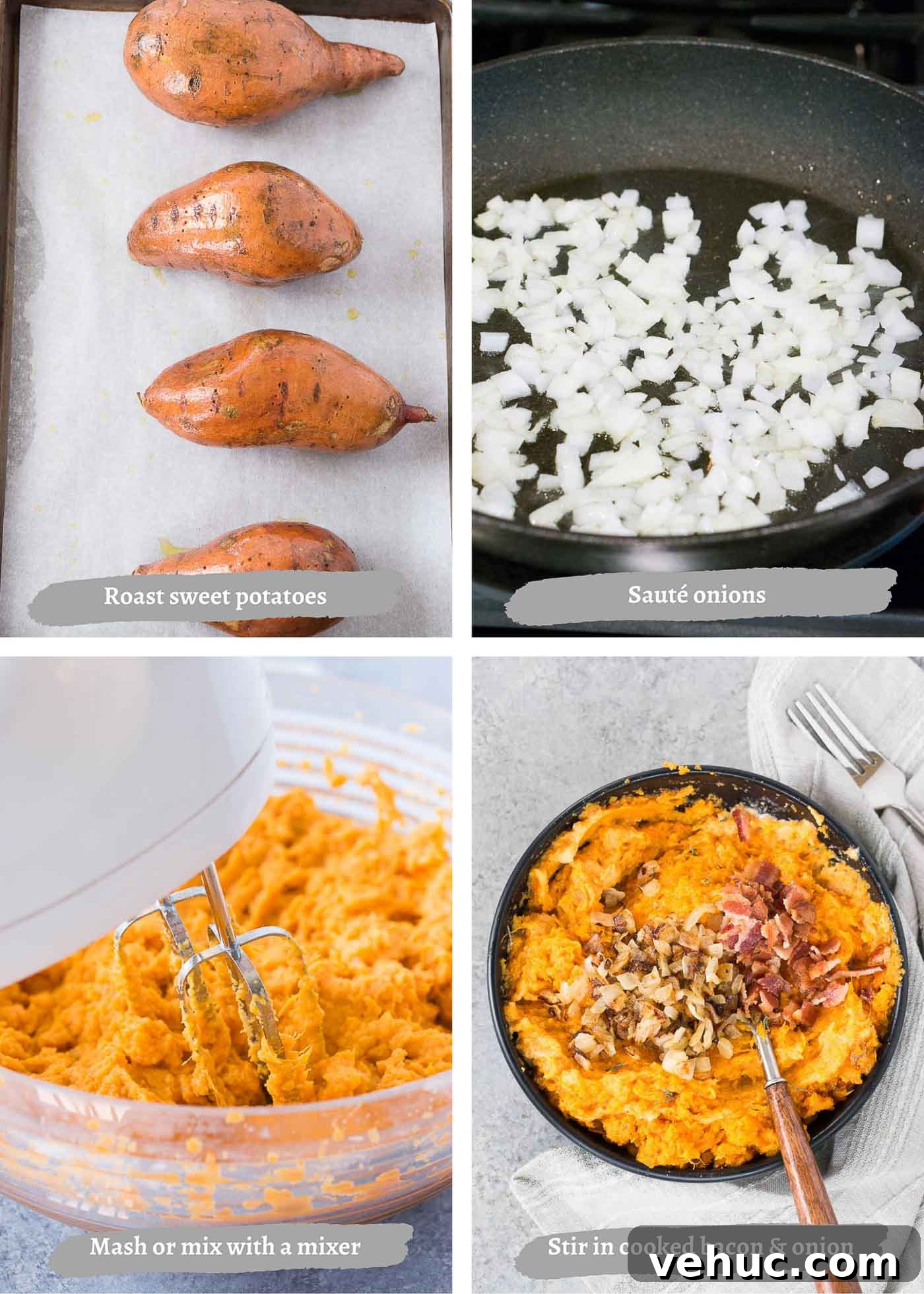 Creamy Mashed Sweet Potatoes with Crispy Bacon 6 process images of mashed sweet potatoes with bacon