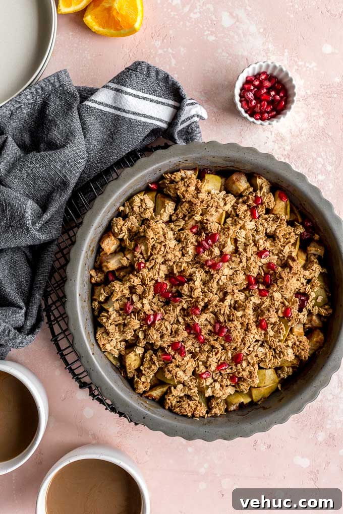 Apple Cranberry Crisp: Gluten-Free Vegan Recipe for Fall Dessert 7 Apple cranberry crisp baked up in a pie plate and cooling on a round wire rack.
