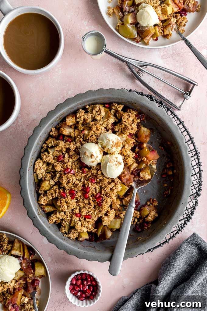 Apple Cranberry Crisp: Gluten-Free Vegan Recipe for Fall Dessert 9 Overhead view of an apple cranberry crisp in a pie plate, topped with ice cream, and resting on a wire rack.