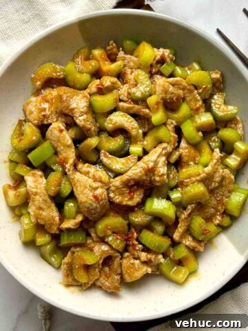 overhead shot of pork and celery stir-fry on plate