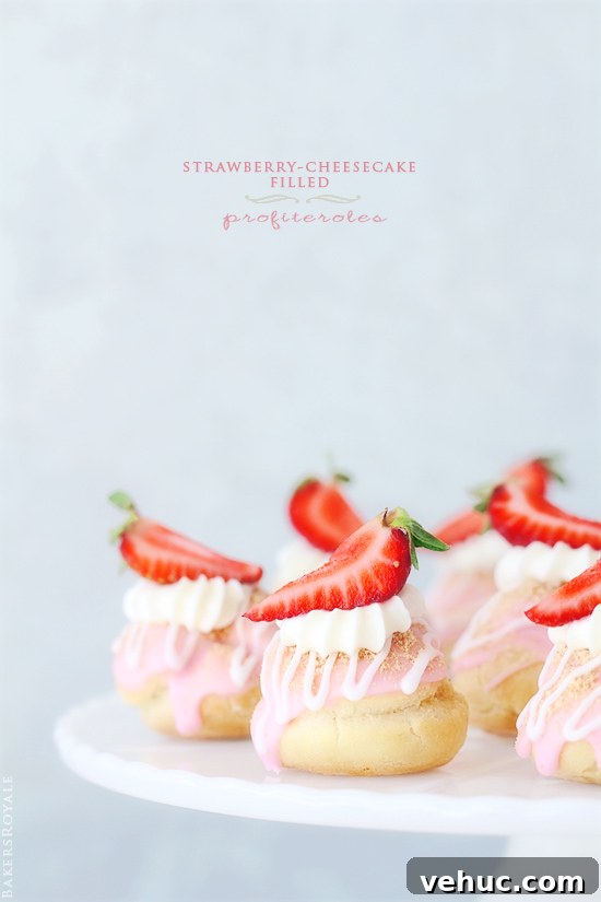 Strawberry Cheesecake Profiteroles Recipe — Creamy Mini Desserts 2 Strawberry-Cheesecake Filled Profiteroles via BakersRoyale