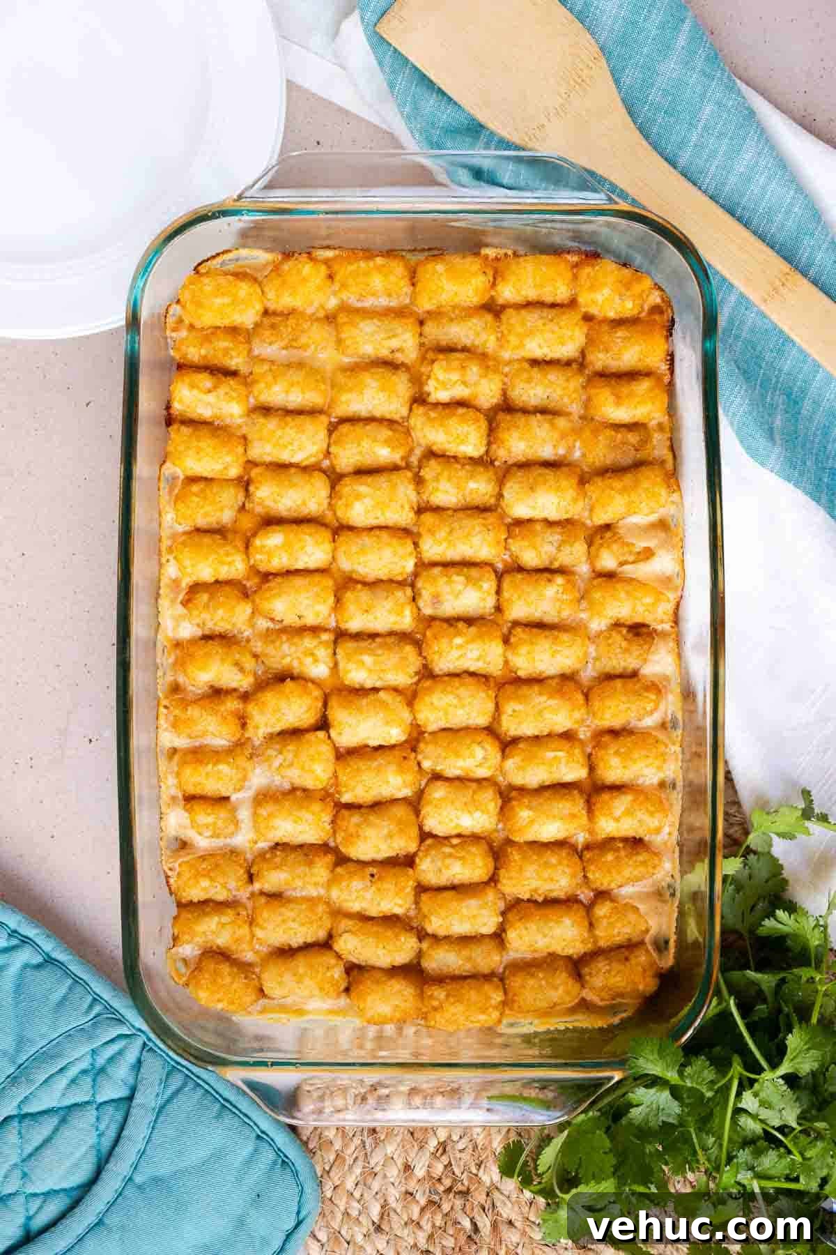 Cheesy Ground Turkey Tater Tot Casserole Recipe 9 The casserole is baked until the tater tots are golden brown and the casserole filling is bubbling.