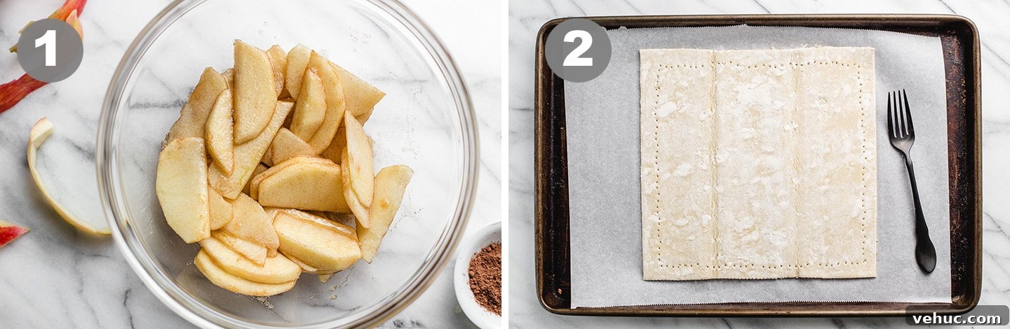 Rustic Apple Tart Recipe with Flaky Puff Pastry and Cinnamon 4 Peeled apples in a bowl and puff pastry on a baking sheet.