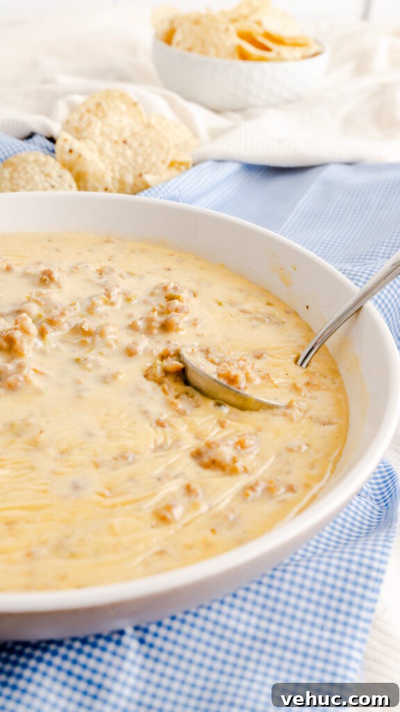 Serving bowl of instant pot white queso cheese dip with ladle.
