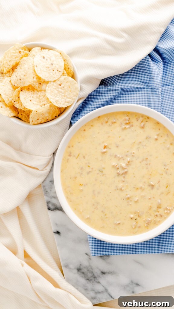 Flat lay of Instant Pot white queso dip and tortilla chips on blue checkered napkin and marble background. 