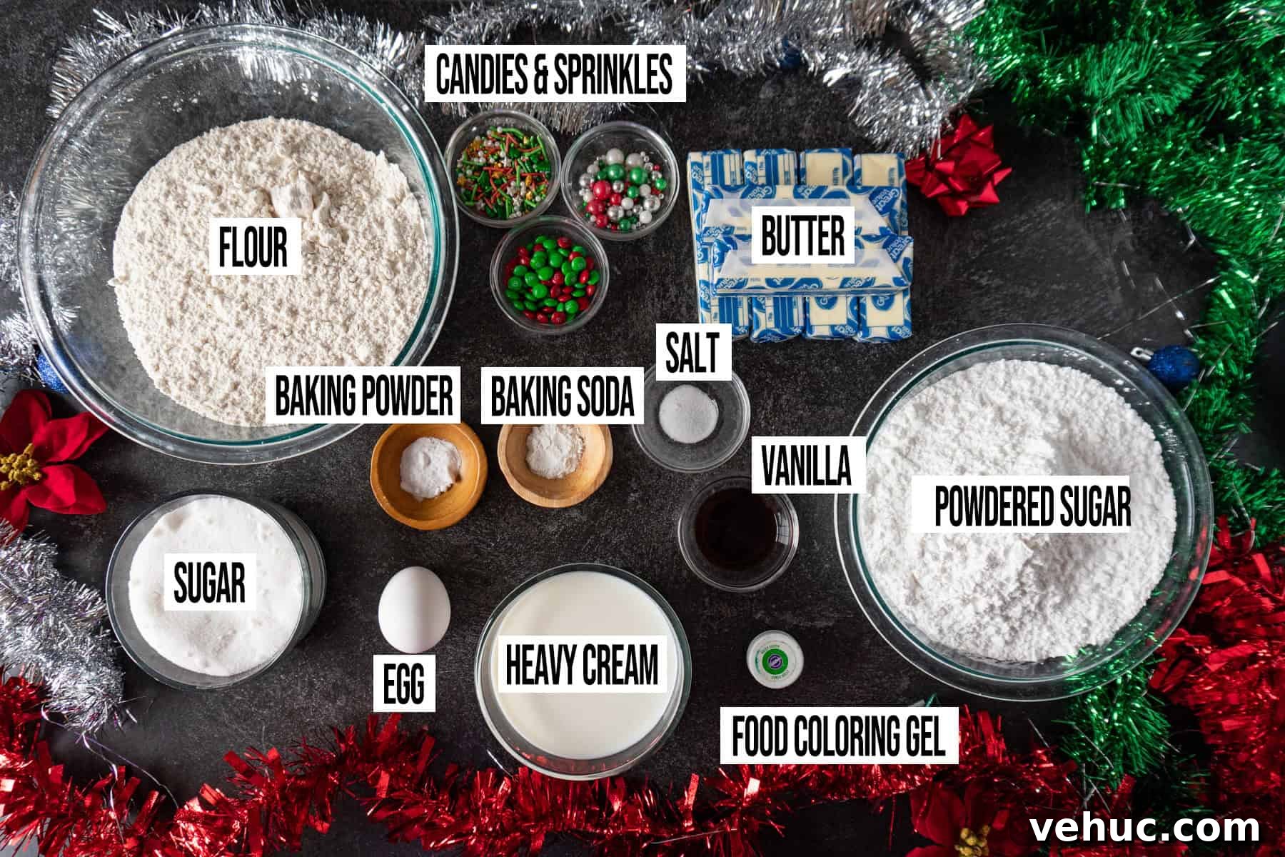 Christmas Tree Cookie Recipes: Festive Holiday Treat Ideas 4 christmas tree cookies Ingredients in individual bowls and labeled