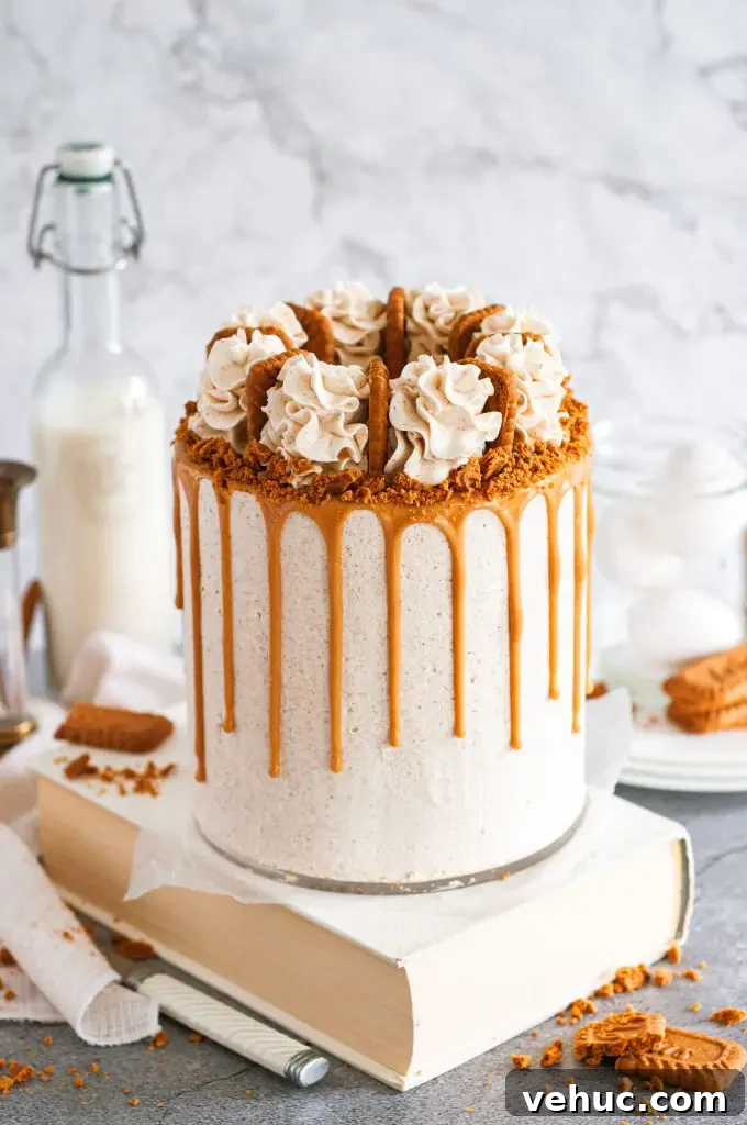 A white frosted cake covered in a golden brown cookie butter drip topped with Biscoff cookies.