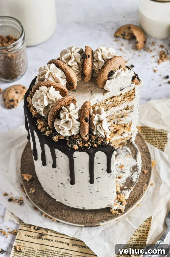 A chocolate chip cookie cake with a slice removed.