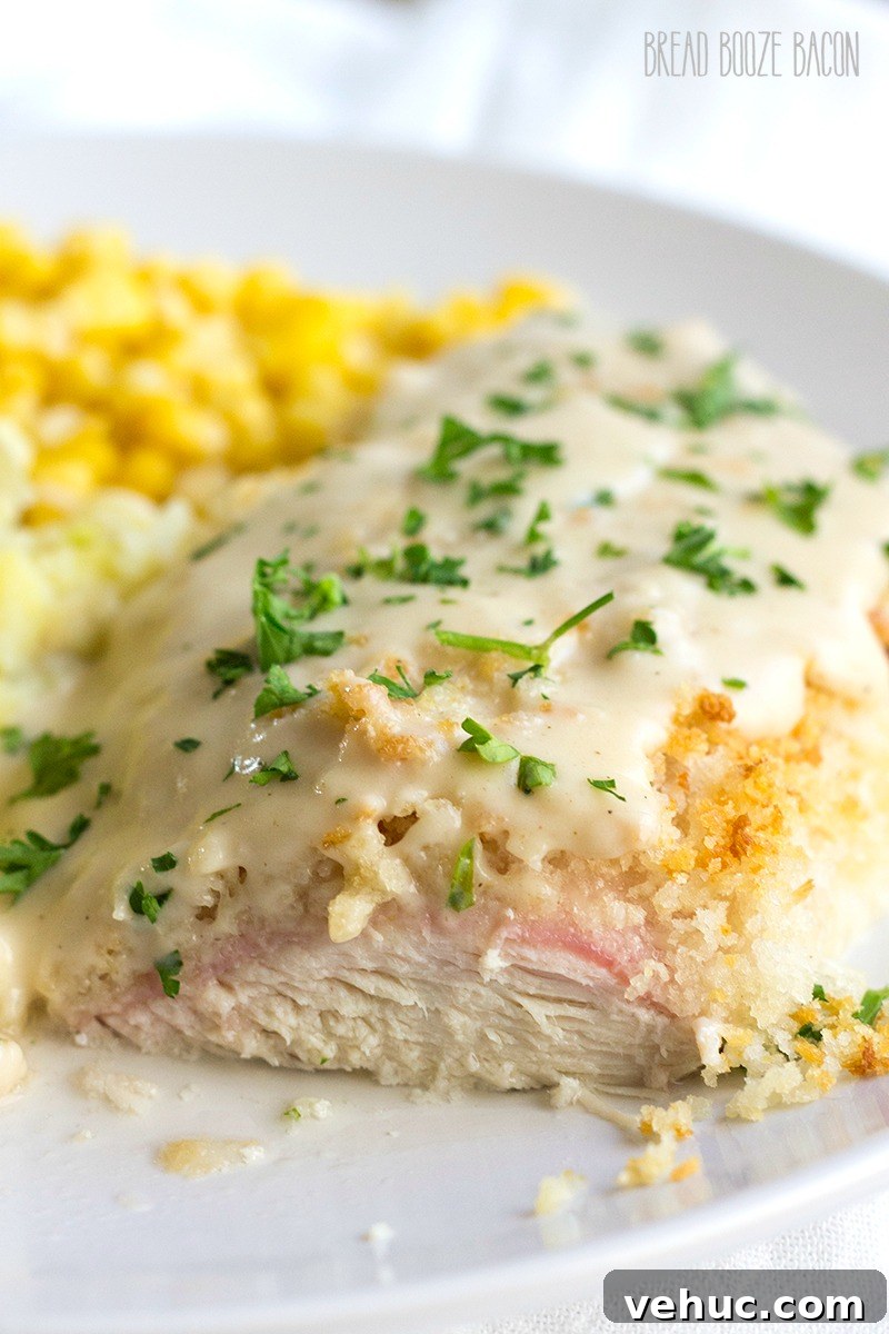 Sheet Pan Chicken Cordon Bleu Without Rolling – Quick Dinner 4 Chicken Cordon Bleu topped with ham, Swiss, and panko