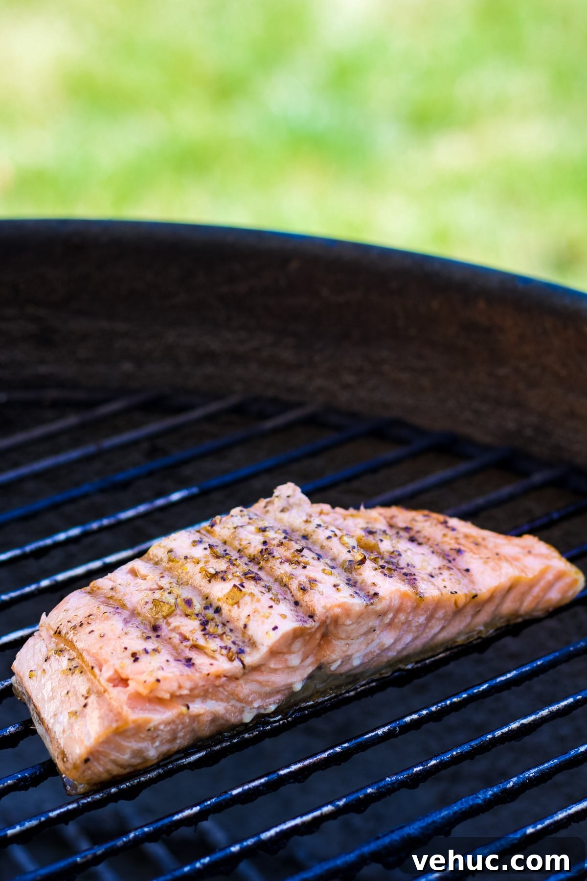 A salmon filet on the grill with seasonings and nice charred grill marks. 