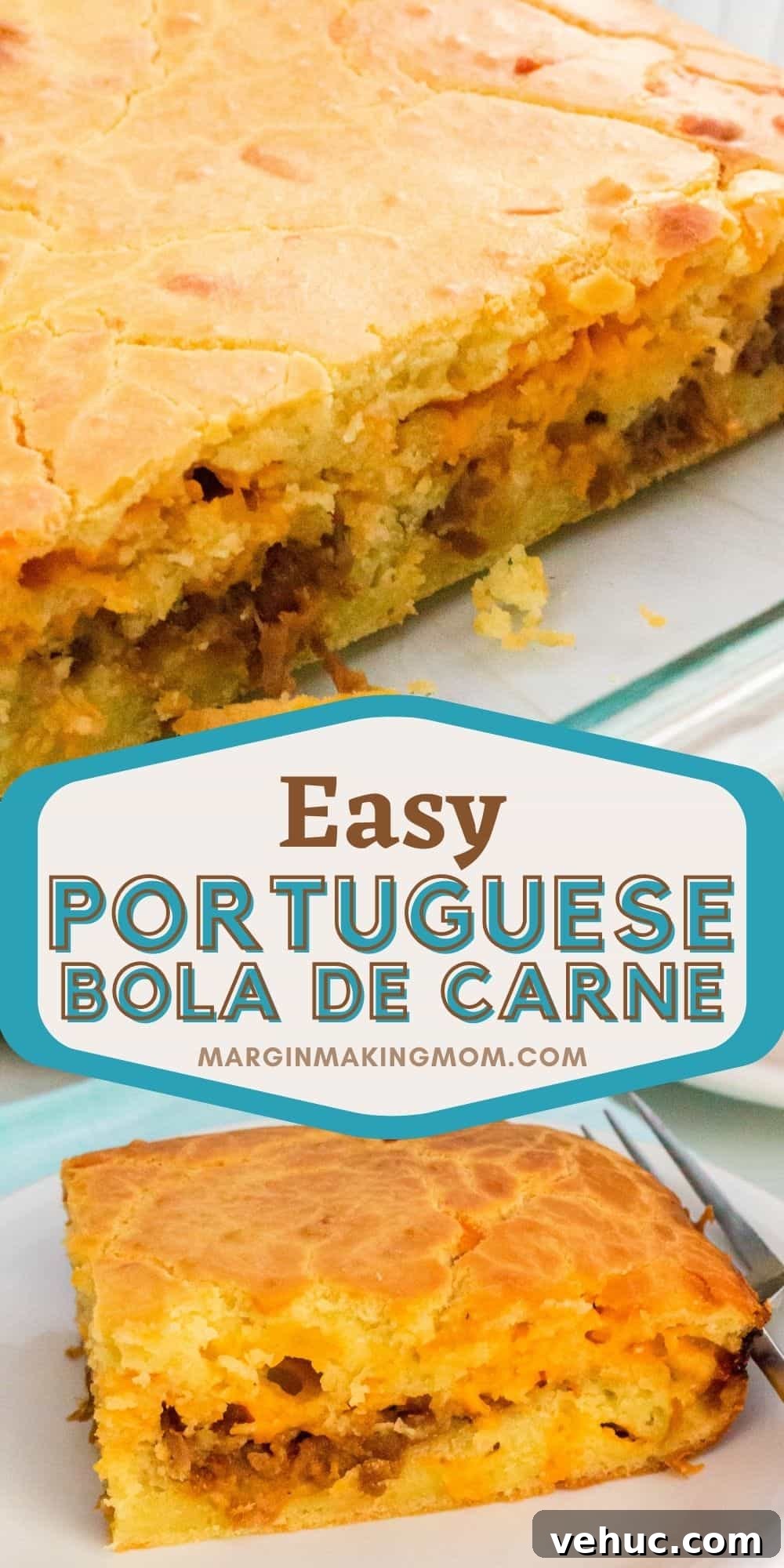 Bola de Carne Portuguese Meatloaf Recipe — Authentic & Flavorful 13 collage image with two photos of bola de carne. One is a shot of the pan of Portuguese meat bread, while the other is a slice served on a white plate.