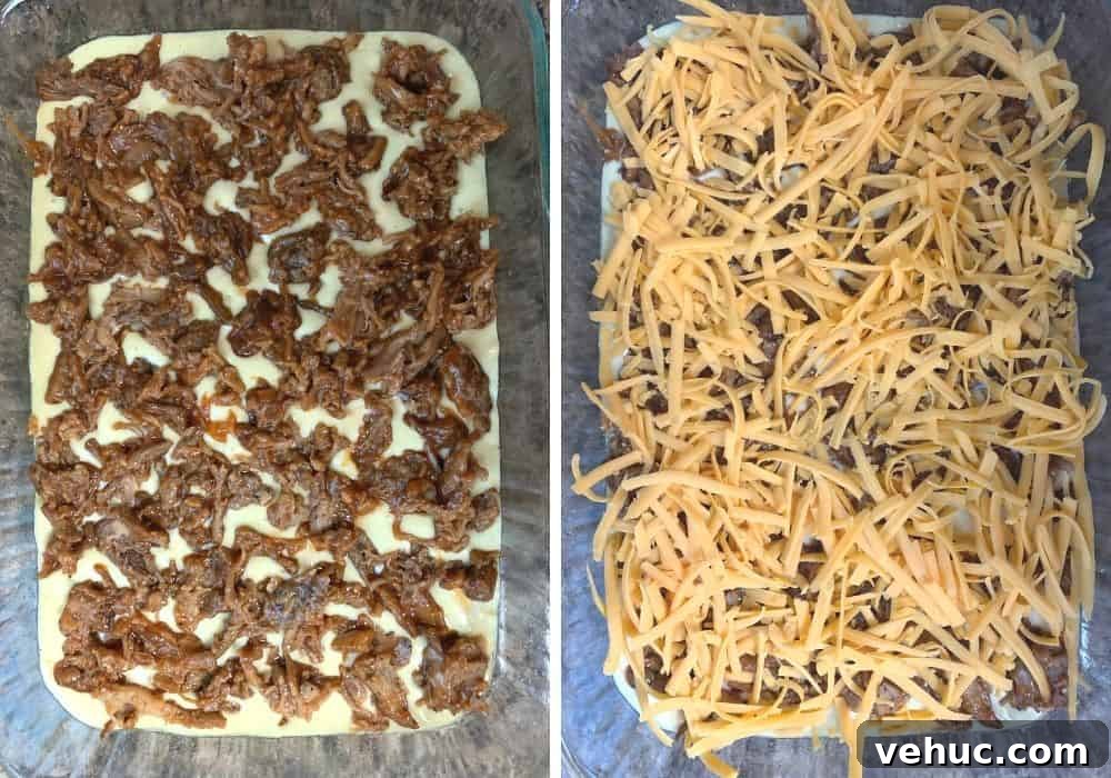 Bola de Carne Portuguese Meatloaf Recipe — Authentic & Flavorful 8 collage of two photos, showing the layering process of making bola de carne. One photo shows pulled pork over batter, the next photo shows cheese over the pork.