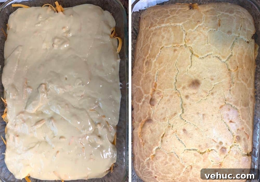 Bola de Carne Portuguese Meatloaf Recipe — Authentic & Flavorful 9 collage of two photos--one shows the final layer of batter on an unbaked bola de carne. The other shows the freshly baked, golden-brown bola de carne.